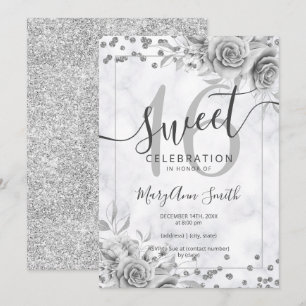 Silver Floral Sweet 16 Birthday Marmor Glitzer Einladung