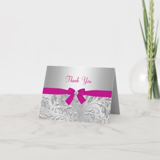 Silver Floral Swirl & Bow pink Danke Karte (Vorderseite)