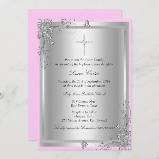 Silver Floral Taufen/Christening Einladung (Vorne/Hinten)