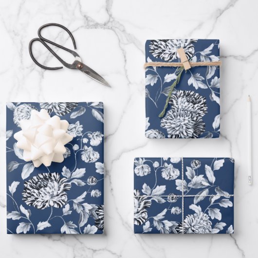 Silver Floral Vine on Navy Blue Wedding Geschenkpapier Set (Vorderseite)