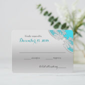 Silver Floral Wedding Reply Türkis RSVP Karte (Stehend Vorderseite)