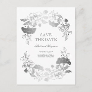 Silver Floral Wreath Peonies Save the Date Ankündigungspostkarte