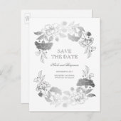 Silver Floral Wreath | Peonies Save the Date Ankündigungspostkarte (Vorne/Hinten)
