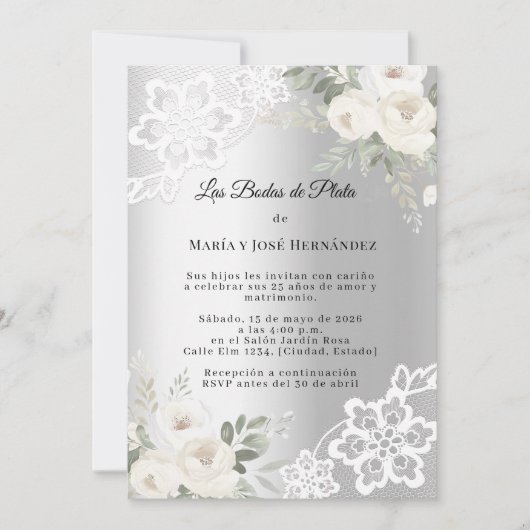 Silver Florals Invitación Bodas de Plata Einladung (Vorderseite)