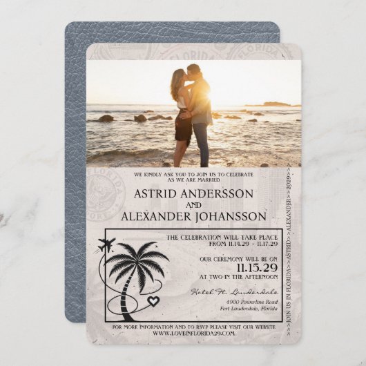 Silver Florida Passport Hochzeitseinladung Einladung (Vorne/Hinten)