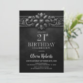 Silver Flower Black 21st Birthday Party Einladung (Stehend Vorderseite)