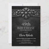 Silver Flower Black Any Age Birthday Party Einladung (Vorderseite)