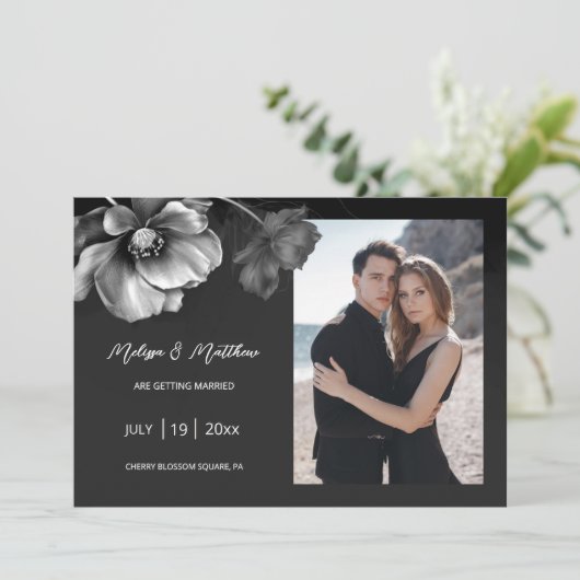 Silver Flowers Black Wedding Save The Date (Stehend Vorderseite)