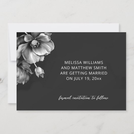 Silver Flowers Black Wedding Save The Date (Rückseite)