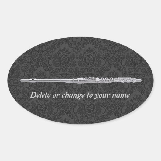 Silver Flute auf Black Damask Oval Ovaler Aufkleber (Vorderseite)