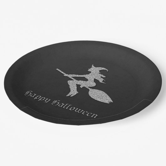 Silver Flying Hexe Halloween Pappteller (Schrägansicht)