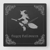 Silver Flying Hexe Halloween Quadratische Wanduhr (Vorderseite)