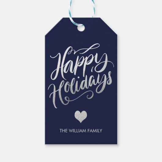 Silver Foil and marine Blue Happy Holidays Custom Geschenkanhänger (Vorderseite)