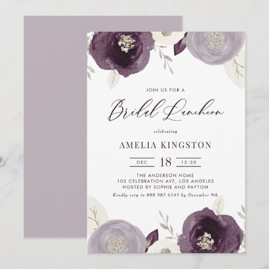 Silver Foil and Purple Flowers Bridal Luncheon Einladung (Vorne/Hinten)