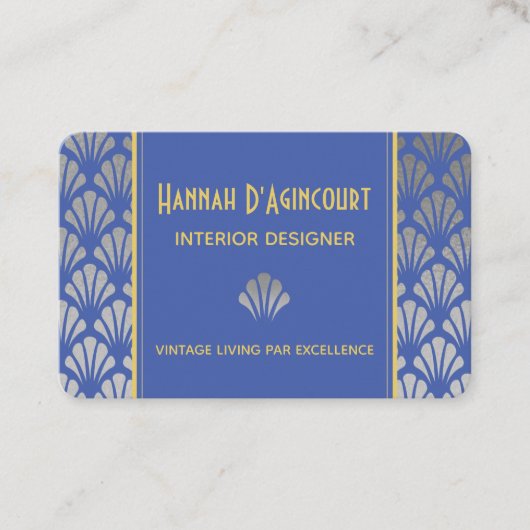 Silver Foil & Blue Art Deco Fans Muster Chic Visitenkarte (Vorderseite)