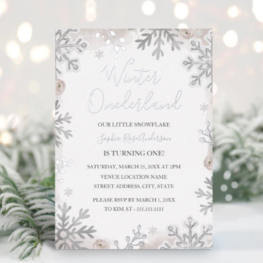 SILVER FOIL Blush Winter Onederland 1. Geburtstag Folieneinladung