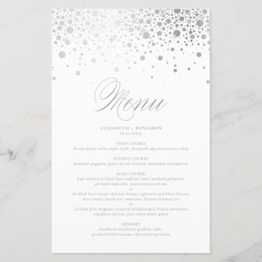 Silver Foil Confetti Dots Wedding Menu Card (Vorderseite)