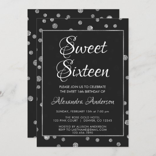 Silver Foil Confetti Polka Dots Sweet 16 Birthday Einladung (Vorne/Hinten)