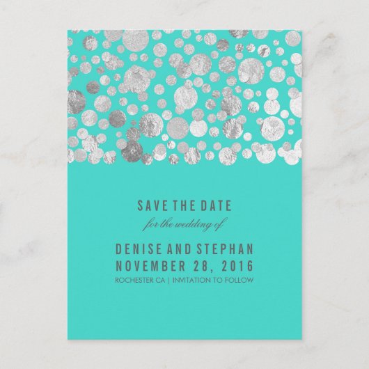 Silver Foil Confetti Save the Date Aquamarin Ankündigungspostkarte (Vorderseite)