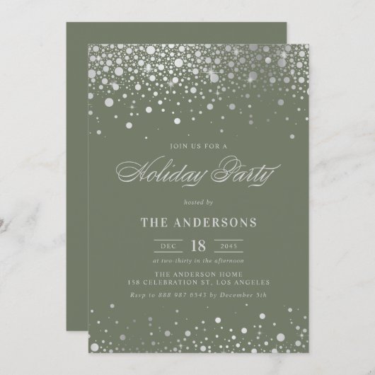 Silver Foil Confetti Taupe Green Holiday Party Einladung (Vorne/Hinten)