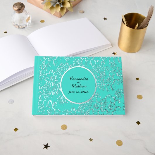 Silver Foil Daisies Floral Turquoise Wedding Gästebuch (Vorderseite Offen)