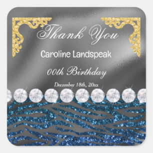Silver Foil Dark Blue Glitzer Zebra Print Birthday Quadratischer Aufkleber