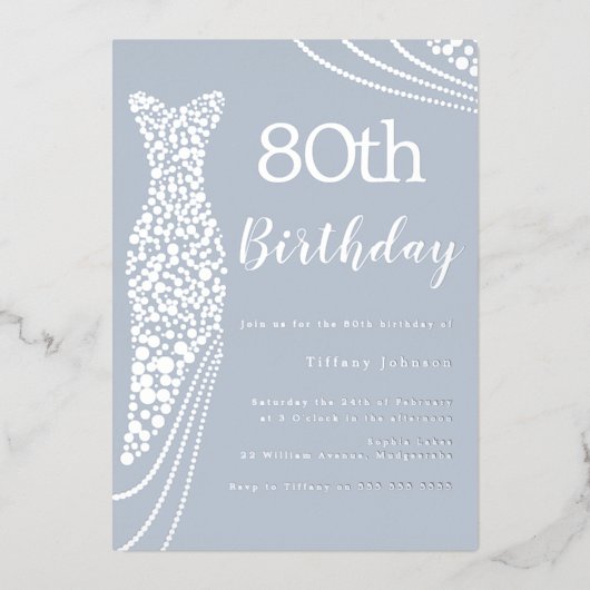 Silver Foil Dress Elegant 80. Geburtstag Folieneinladung (Vorderseite)