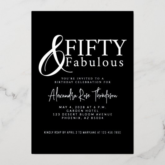 Silver Foil Fifty and Fabulous 50th Birthday Party Folieneinladung (Vorderseite)