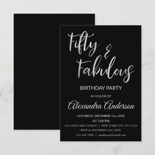 Silver Foil Fifty und Fabulous Einladung (Vorne/Hinten)