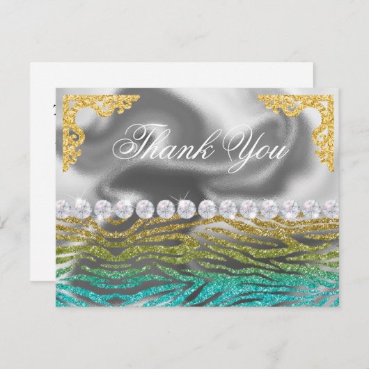 Silver Foil Gold, Aquamarin Zebra Print Birthday Dankeskarte (Vorne/Hinten)