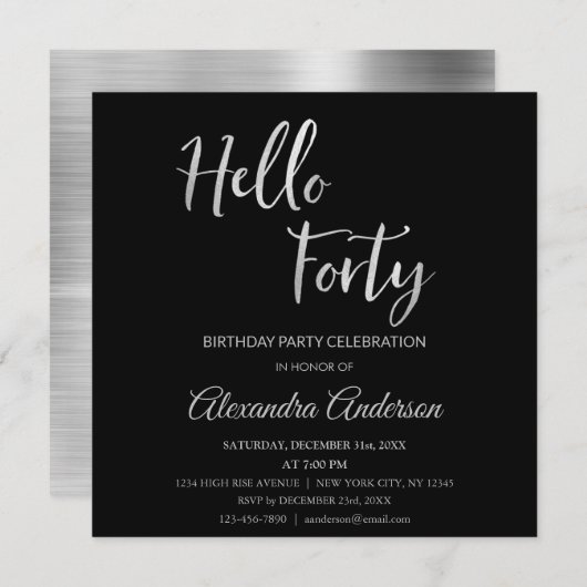 Silver Foil Hello 40 Geburtstagsparty Einladung (Vorne/Hinten)