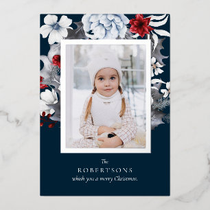 Silver Foil Navy Foliage Foto Weihnachtskarte Folien Feiertagskarte