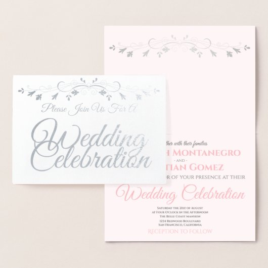 Silver Foil Pink & Gray Elegantes Hochzeitsempfang Folienkarte (Anzeige)