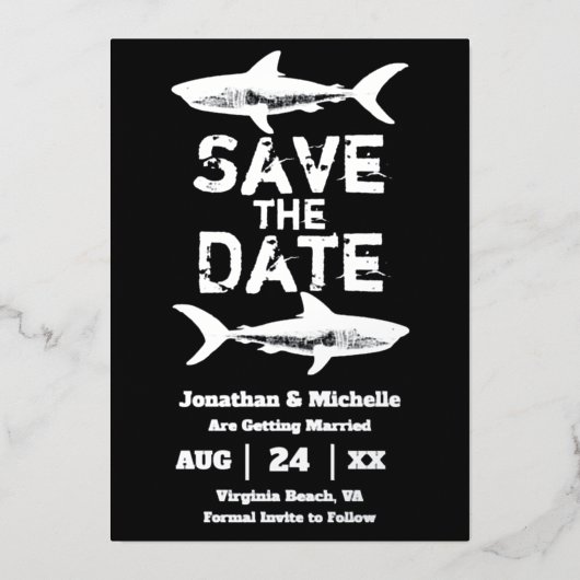 Silver Foil Shark Beach Hochzeit Save the Date Folieneinladung (Vorderseite)