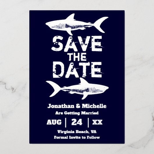 Silver Foil Shark Beach Save the Date Folieneinladung (Vorderseite)
