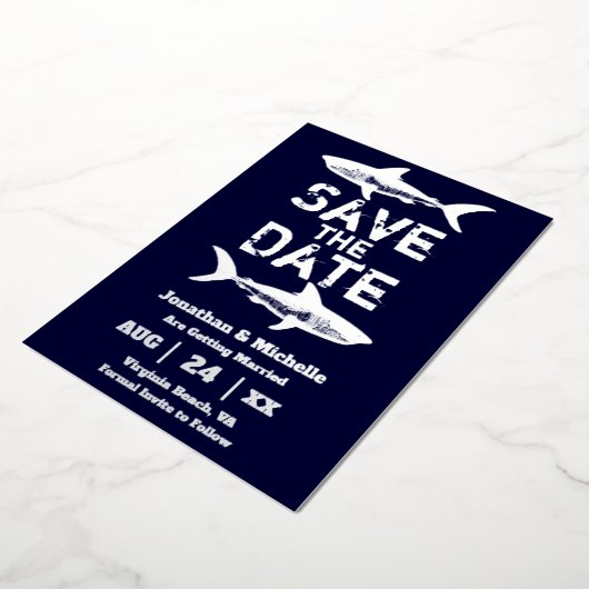Silver Foil Shark Beach Save the Date Folieneinladung (Gedreht)