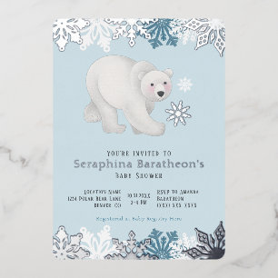 Silver Foil Snowflake Polar Bear Baby Dusche Folieneinladung