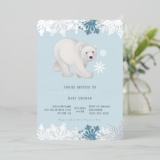 Silver Foil Snowflake Polar Bear Baby Dusche Folieneinladung (Stehend vorne)