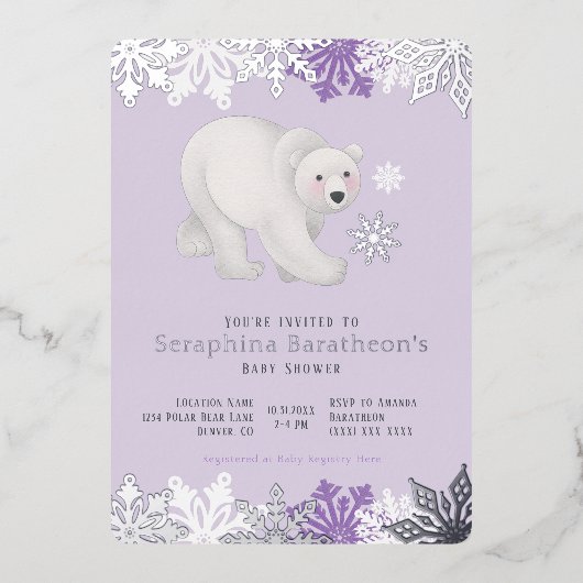 Silver Foil Snowflake Polar Lila Baby Dusche Folieneinladung (Vorderseite)