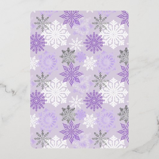 Silver Foil Snowflake Polar Lila Baby Dusche Folieneinladung (Rückseite)