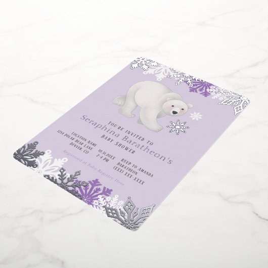 Silver Foil Snowflake Polar Lila Baby Dusche Folieneinladung (Gedreht)