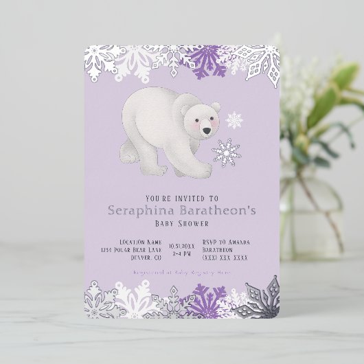 Silver Foil Snowflake Polar Lila Baby Dusche Folieneinladung (Stehend vorne)