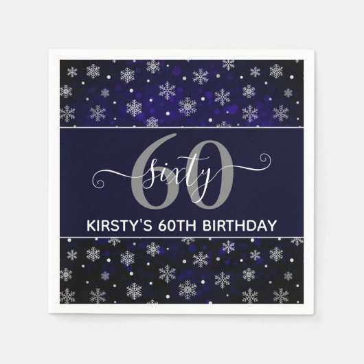 Silver Foil Snowflakes & Blue Bokeh 60. Geburtstag Serviette (Vorderseite)