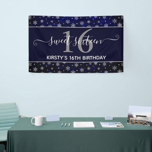 Silver Foil Snowflakes & Blue Bokeh Sweet 16 Banner (Messeveranstaltung)