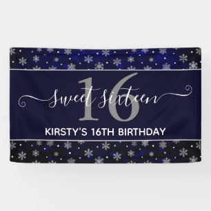Silver Foil Snowflakes & Blue Bokeh Sweet 16 Banner