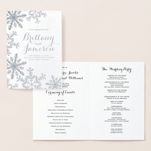 Silver Foil Snowflakes Winter Wedding Programm (Anzeige)