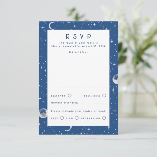 Silver Foil Stars Celestial Wedding RSVP (Stehend Vorderseite)