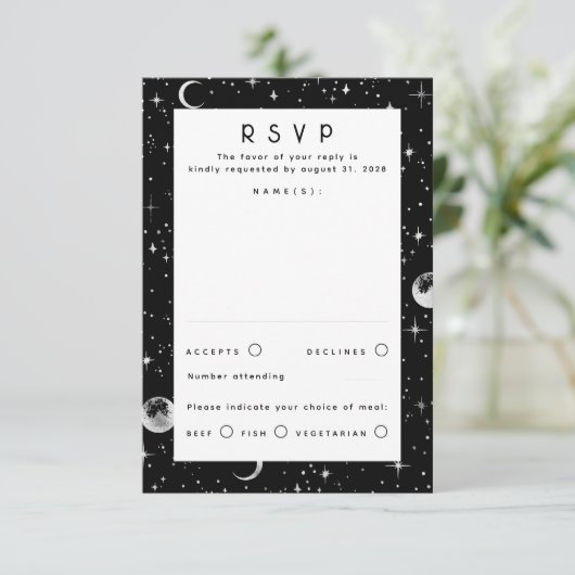 Silver Foil Stars Celestial Wedding RSVP (Stehend Vorderseite)