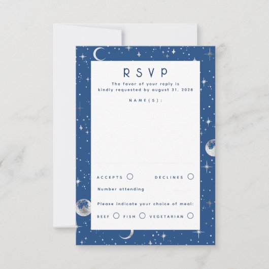 Silver Foil Stars Celestial Wedding RSVP Karte (Vorderseite)