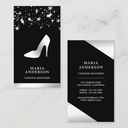 Silver Foil Stars Confetti High Heels Stilettos Visitenkarte (Vorne/Hinten)
